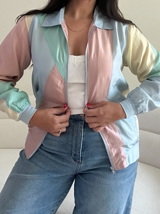 Blair Jackets & Blazers - Vintage 80s Blair 100% Silk Pastel Color Block Bomber Jacket Oversized Small